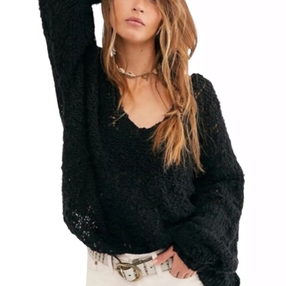 Free People Sunday Shores Black Cotton Open Weave Sweater